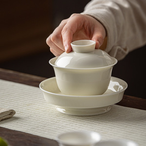Apricot White Porcelain Gaiwan <b>Teacup</b> Handmade Three Piece Bowl High Footed Single Anti Scalding Kung Fu Tea Set - Product Image 1
