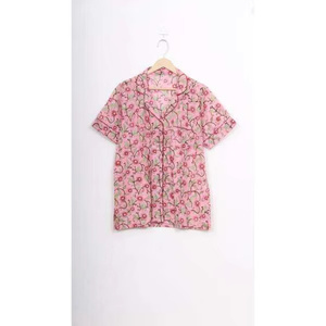 Ensemble 2 pièces décontracté pour femme automne 2024, 100% coton tissé, motif floral, respirant, taille élastique, col rabattu, taille mi-haute, manches courtes - Product Image 4