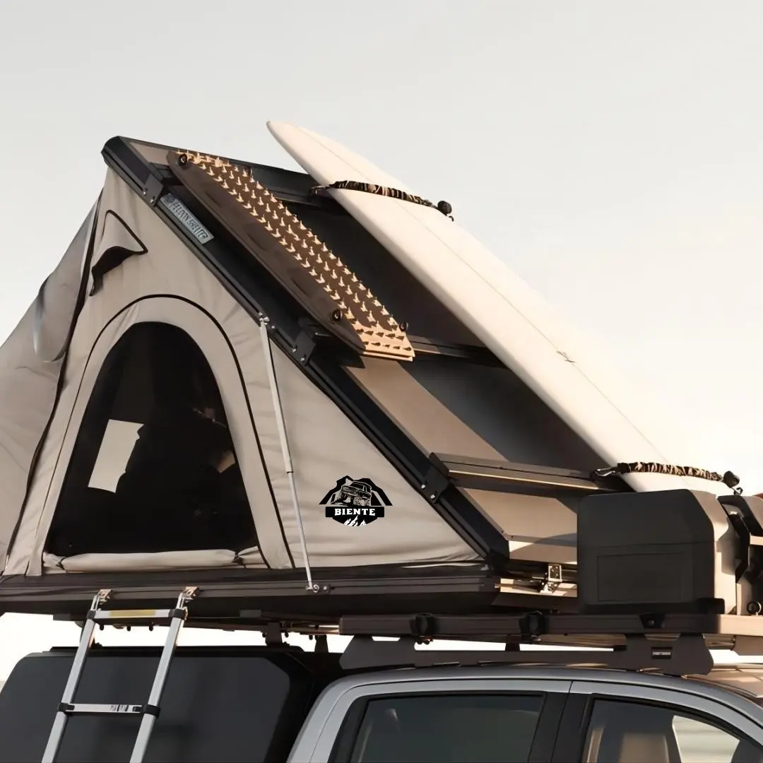 Tenda da tetto rigida a conchiglia triangolare in alluminio per 4 persone per tende da tetto per auto da campeggio