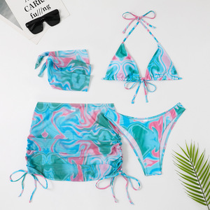 Xuanlang Tie Dyed Thin <strong>Skirt</strong> and Scarf 4 Piece Beachwear <strong>Woman</strong> With Cover up Bikini Bath <strong>Swim</strong> Suit Set Swimwear C5409# - Product Image 3