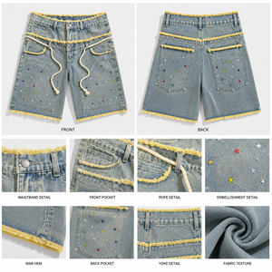 Pantalones Cortos de Mezclilla Vintage de Cintura Alta para Hombre, Estilo Baggy, Verano, OEM, Personalizables, Venta al por Mayor, Jorts con Pedrería - Product Image 3