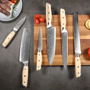 Conjunto de facas de cozinha premium 6 peças, alças de madeira Pakka, lâminas de aço inoxidável Damasco de 67 camadas, nitidez e durabilidade incomparáveis
