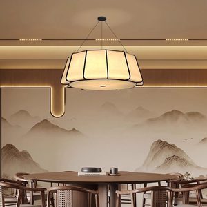 Lampe suspendue de style chinois, ronde, E27 LED, en tissu noir, éclairage Zen pour salle de thé, pour salle de bain - Product Image 3