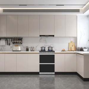 Armoires de cuisine modernes SANTOPOVA de couleur beige avec dosseret en marbre et four double intégré - Product Image 1