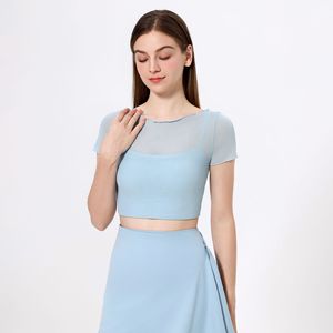 Wholesale Women's Mesh <b>Sheer</b> Yoga Crop Top 2 in 1 Short Sleeve Built-in <b>Bra</b> Workout Shirt Breathable Slim Fit Activewear - Product Image 6