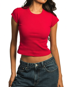 T-shirt court tricoté rouge uni pour femme, à manches courtes, col rond, coupe ajustée, décontracté, été, 100 % coton respirant - Product Image 1