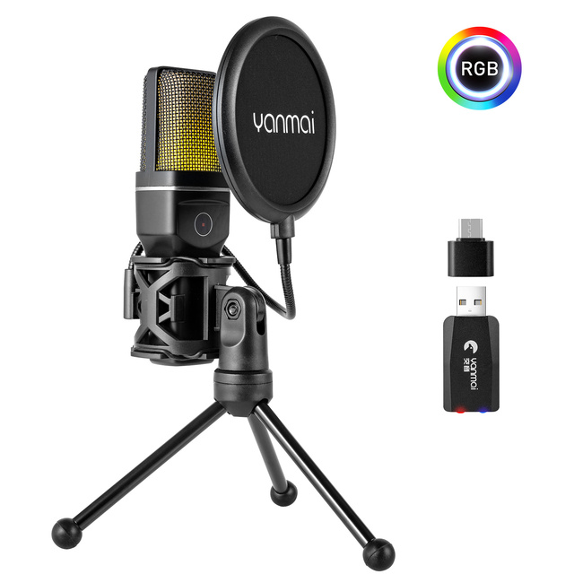 Wireless USB Condenser Microphone Cardioid Polar Pattern 48KHz/16bit Sampling Rate RGB Lighting Noise Cancelling Lightweight