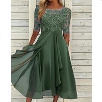 Robe longue élégante pour femme en mousseline unie et dentelle, écologique et lavable, à manches courtes, ajourée, coupe trapèze, pour demoiselle d'honneur et soirée