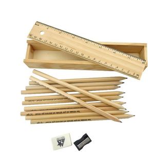 Vente en gros de boîtes ou étuis promotionnels en bois pour ensembles de crayons de couleur avec taille-crayon et gomme, papeterie écologique, logo personnalisé - Product Image 1