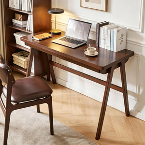Scrivania per Computer in Legno Massello di Gomma, Stile Retrò Noce, con Cassetto e Gambe a Telaio a T, 120x55 cm, Design Robusto - Product Image 3