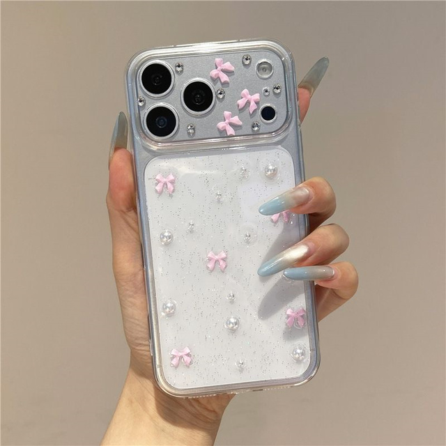 Cute 3D Pink Bowknot Pearl Glitter Clear Phone Case for iPhone 17 Pro Max 16Pro 15 12 11 14 13 Lovely Shockproof TPU Soft Cover