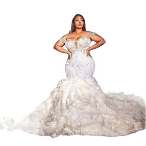 Off The Shoulder Mermaid Wedding Dress White Sweetheart Neckline Ruffles Natural Waistline Plus Size Bridal Gown - Product Image 2