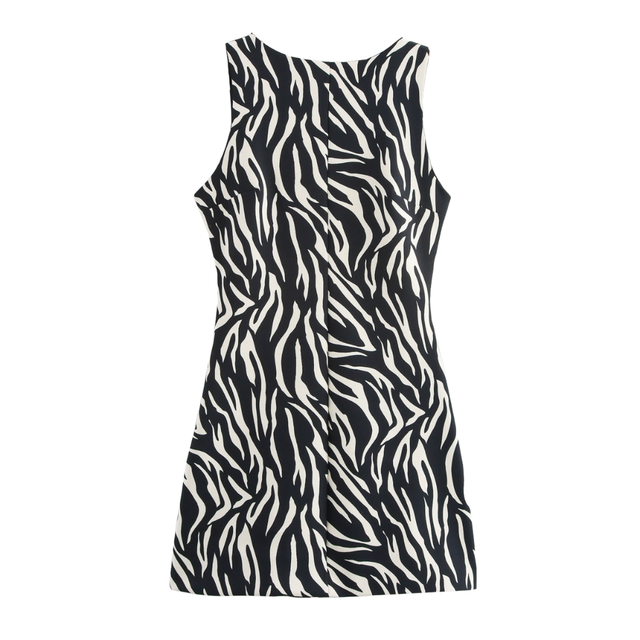 Zebra Print Sleeveless Bodycon Mini Dress Women Round Neck Sheath Dress for Office Party Daily Casual Wear