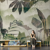 Peinture Murale Nature Effet 3D, Décoration Murale Fond d'Écran Feuilles Vertes Tropicales Feuilles de Bananier pour Chambre à Coucher