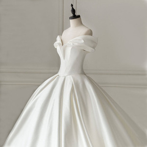 French Satin Wedding Dress Off Shoulder Sweetheart Neckline Ball Gown Natural Waist Simple Solid Color X037 - Product Image 2