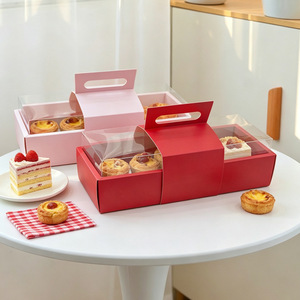 Boîte à gâteau rectangulaire rouge et rose, longue, pour gâteau roulé, cupcakes, biscuits, pâtisseries, emballage à emporter pour boulangerie avec couvercle transparent et poignée - Product Image 1