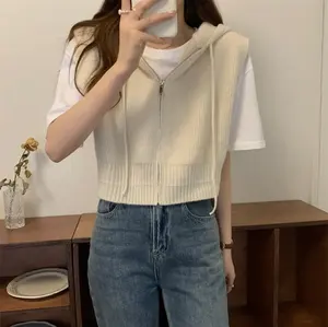 2024 Spring Autumn Women's Casual V-Neck Sweater Vest Solid Color Zipper Hooded <strong>Waistcoat</strong> Knitted Sleeveless Tops Loose Vintage - Product Image 3