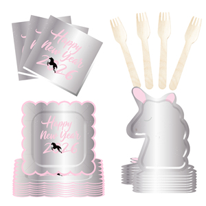 Ensemble d'assiettes en papier DAMAI personnalisées rose argenté pour le Nouvel An 2026, comprenant une assiette en papier et un gobelet modèle licorne pour la fête du Nouvel An - Product Image 4