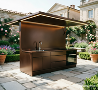 Cuisine extérieure moderne modulaire en acier inoxydable et acrylique, finition brillante, ignifuge, résistante aux intempéries, avec évier, robinet et tiroir coulissant pour villa