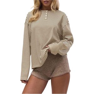 Camiseta Henley Personalizada para Mujer, de Manga Larga a Rayas, Hombros Caídos, 100% Algodón Tejido, para Uso Diario - Product Image 3