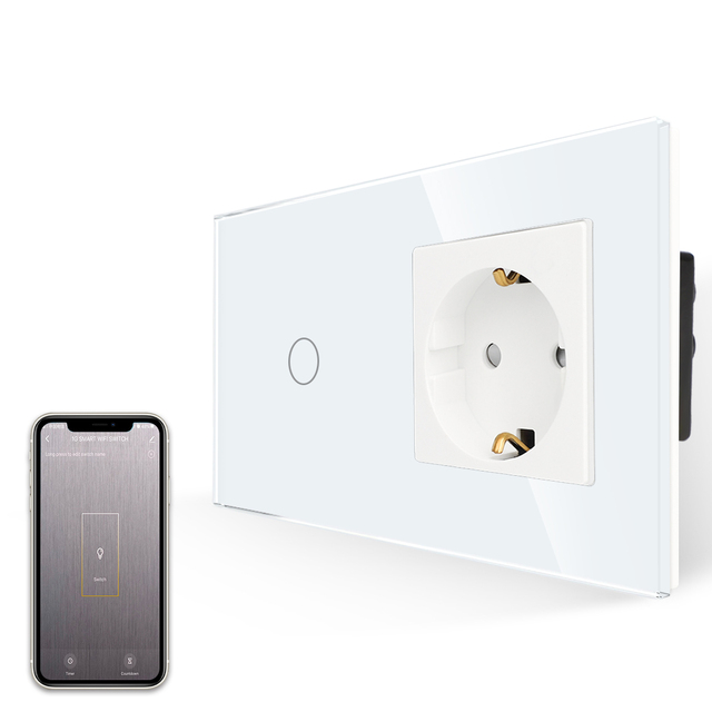 Bingoelec Luxury Waterproof Glass Panel Double Home Electrical 1gang Wall Mount Touch Light Switches and Power Sockets Type F