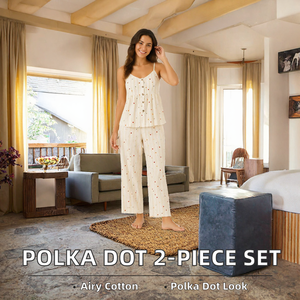 Conjunto de Pijama de Mujer con Estampado de Lunares y Rayas, Camiseta y Pantalones Cortos, Ropa de Dormir de 2 Piezas, Pijama de Algodón Tejido - Product Image 2