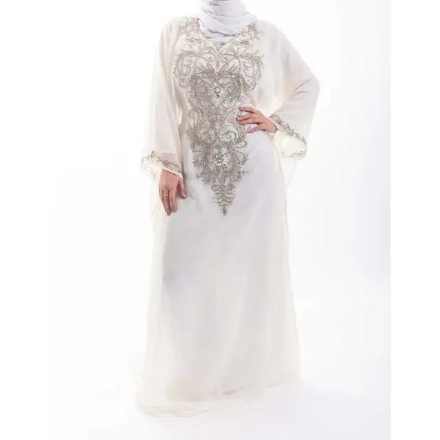 Exclusive Gleaming White Kaftan Party Wear Handmade Silver Crystals Work Floor Length Kaftan Moroccan Gowns