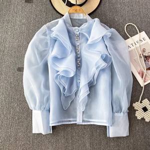 <span class=keywords><strong>Camicia</strong></span> con collo alto stile regale francese con collo alto arricciato <span class=keywords><strong>camicia</strong></span> monopetto in Organza vedo-attraverso da <span class=keywords><strong>donna</strong></span> primavera autunno manica lunga - Product Image 3