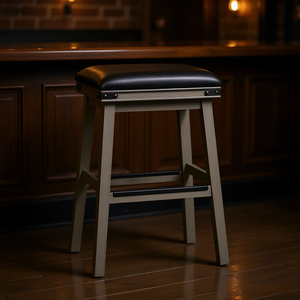 Tabouret de bar gris patiné, 30 pouces, siège en cuir noir, design industriel, mobilier commercial - Product Image 2