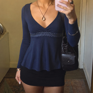 <b>Women's</b> Vintage Breathable V Neck Long Sleeve T Shirt Knitted Slim Fit Peplum <b>Top</b> Polka Dot Waistband Casual Spring Summer - Product Image 2