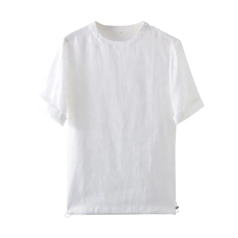 조절 가능한 밑단 코드 흰색 100% 린넨 캐주얼 짧은 소매 티셔츠와 여름 새로운 스타일 라운드 칼라 어깨 지퍼