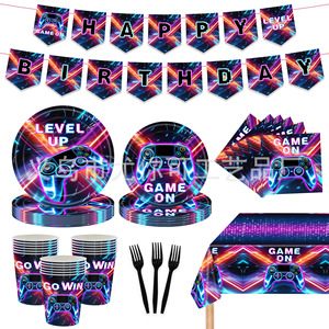 Purple Colorful Game Theme Birthday Party Banner Decoration Set <b>Rectangle</b> Digital Printing 40-60 Pcs Environment Friendly Paper - Product Image 5