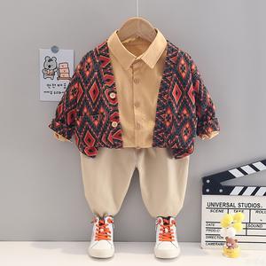 Ensemble de vêtements pour garçons, nouveau style printemps automne, cardigan à manches longues imprimé + chemise unie + pantalon décontracté, 3 pièces - Product Image 2