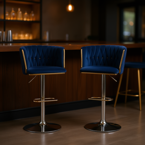 Navy Velvet Bar <b>Stools</b> Chrome Base Height <b>Adjustable</b> Swivel Modern Design For Home Commercial Use - Product Image 2
