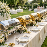 Juego de Recipientes para Buffet Rectangulares Dorados de 9L con Tapa Enrollable, Recipientes de Lujo para Servir Comida en Banquetes, Bodas y Resorts