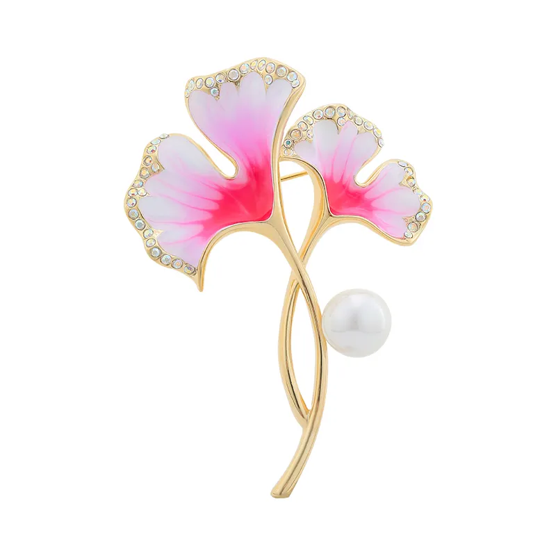 Neoglory lovely ginkgo biloba leaves pearl brooch enamel crystal brooch for women's party