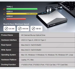 Lecteur graveur de disques optiques <span class=keywords><strong>4K</strong></span> multifonction <span class=keywords><strong>Blue</strong></span>-<span class=keywords><strong>ray</strong></span> 3D cd Dvd Bd avec lecteur graveur portable à double usage - Product Image 5