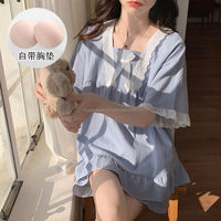 Pyjama d'été en coton tricoté pour femme, manches courtes, respirant, doux, avec dentelle, mode décontractée, taille élastique