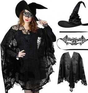 Poncho de sorcière avec chauve-souris, chapeau de sorcier pointu, cape en dentelle, ensemble d'accessoires toile d'araignée pour adulte - Product Image 2