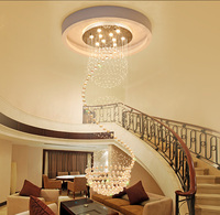 Duplex Villa Salon Luxe Plafonnier Rond Escaliers Cristal Long Lustre Suspension