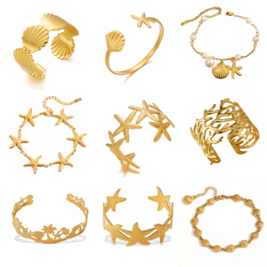 Nouveau Bracelet Ouvert Femme Tendance 2026 en Acier Inoxydable Plaqué Or 18K, Motif Coquillage Étoile de Mer, Étanche et Inaltérable, Bijou de <span class=keywords><strong>Plage</strong></span> - Product Image 1