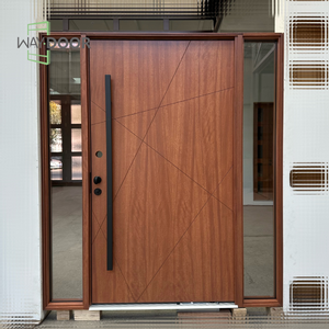 <span class=keywords><strong>Porte</strong></span> d'entrée en bois massif acajou et chêne, finition usine, avec double vitrage latéral, insonorisée, à pivot unique - Product Image 2