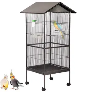 Wholesale Black Metal Wire Large Bird Cage Steel Wire Roof Moving Bird Rabbit Parrot Rest Cage for Breeding