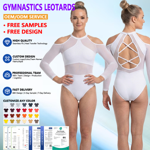 Justaucorps de gymnastique blanc personnalisé à manches longues, épaules dénudées, dos ouvert en maille, design croisé, pour compétition et entraînement, usine OEM ODM - Product Image 1