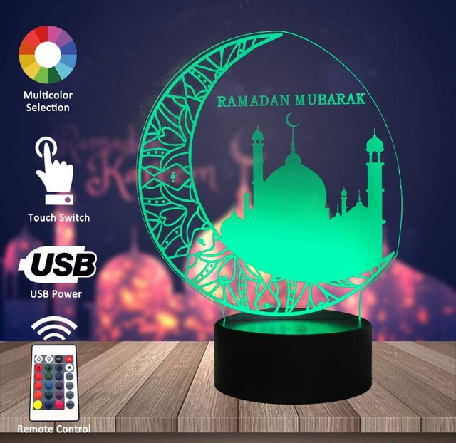 Kanlong Ramadan Mubarak Party Decor Eid Muslim 3D Illusion LED Acrylic Colorful Night Light Ramadan Decoration Lamp