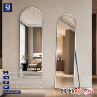 Espejo de cuerpo entero con marco plateado, de pie y para montar en la pared, espejo arqueado para dormitorio, sala de estar, hotel, decoración de vestidor