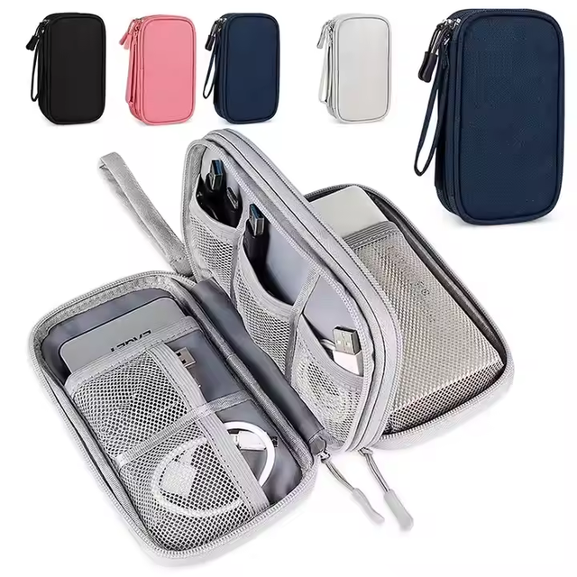 Durable Double-Layer Digital Organizer Zipper Travel Mobile Phone Charger Electronic Accessories Storage Bag for Data Cable
