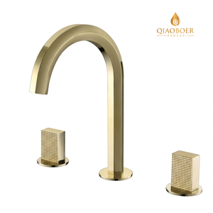 Modern Brushed Gold 3 Hole Widespread Basin <strong>Faucet</strong> Diamond Knurled Dual Handle Faceted Gooseneck Sink Mixer Tap Deck Mount - Product Image 1