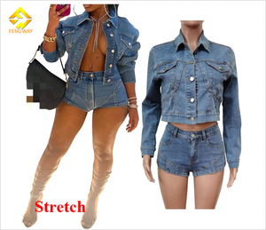 2024 Mùa Thu Nữ Căng Rửa Denim Hai Quần Short Pice Set Mùa Hè Phụ Nữ Quần Áo Áo Khoác Và Denim Váy Set - Product Image 1