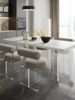 Table à manger en dalle de roche blanche avec bordure de 5 cm, pieds en acrylique transparent, style moderne minimaliste, ensemble de 2 pièces, mobilier de bureau réglable